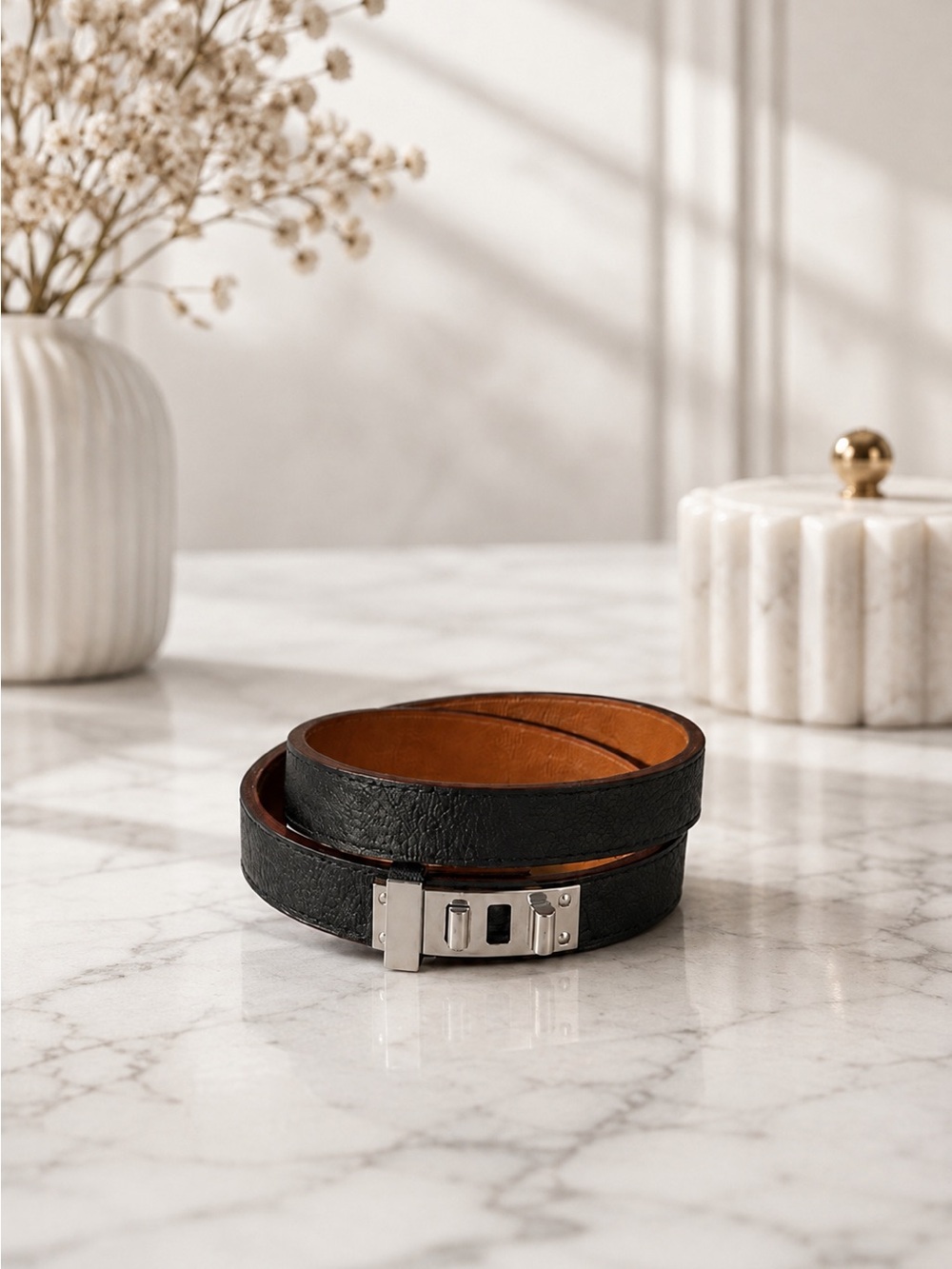 Hermes Black Mini Dog Double Tour Leather & Silver Hardware Bracelet Full Set